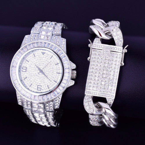 Flooded Ice Simulate Diamond Luxury Baguette Silver Stainless Steel Bling Watch Cuban Link Bracelet Set