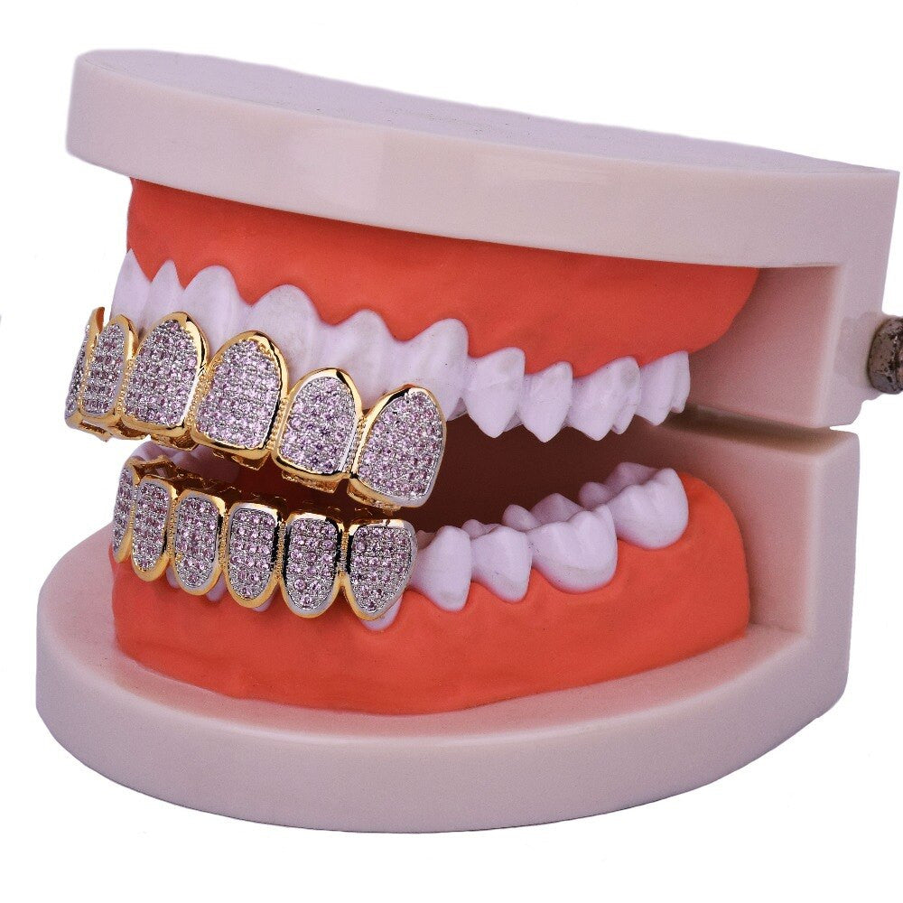 Hip Hop 14k Gold Color Pink Micro Pave Simulate Diamond Blinged Out Teeth Grillz Set