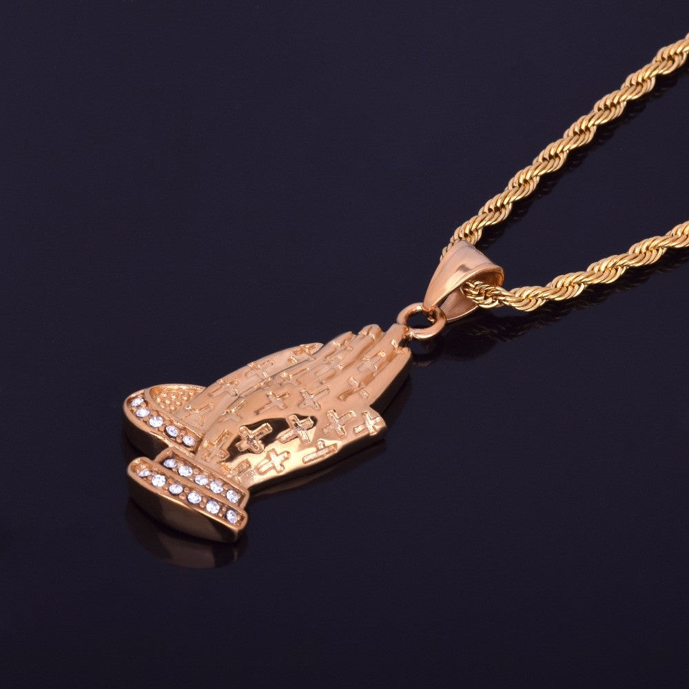 Golden Grace | 24k Gold Over Stainless Steel Cross Covered Prayer Hands Pendant