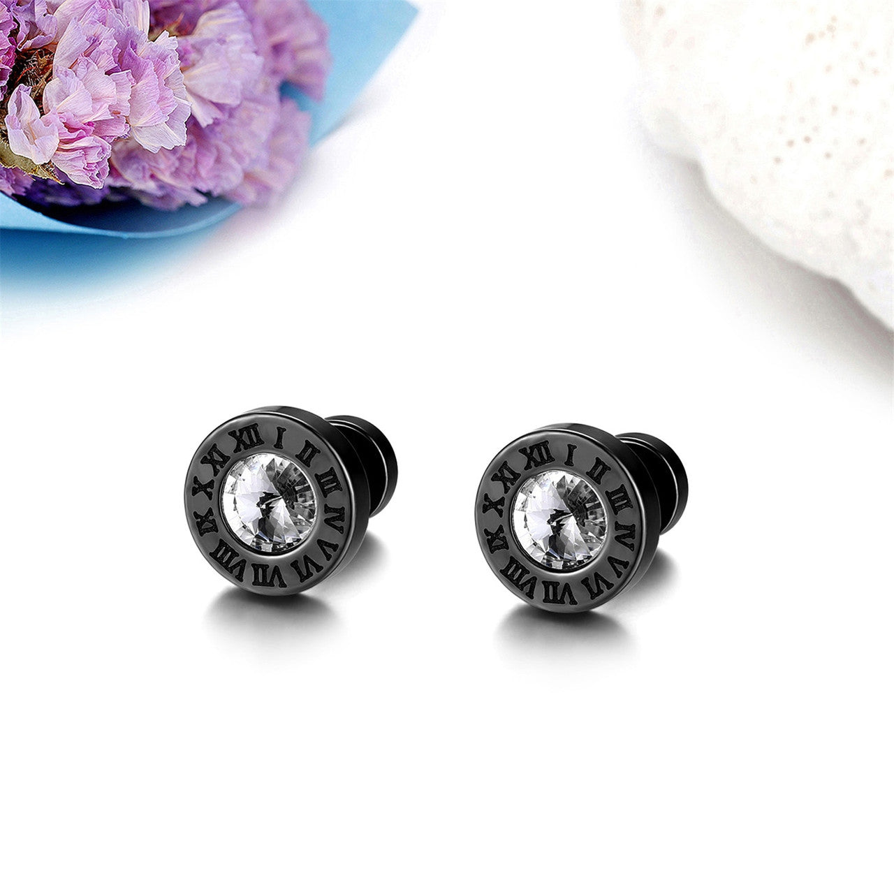 Gold Silver Rose Gold No Tarnish Bling Bling Roman Numeral Screw Back Earrings