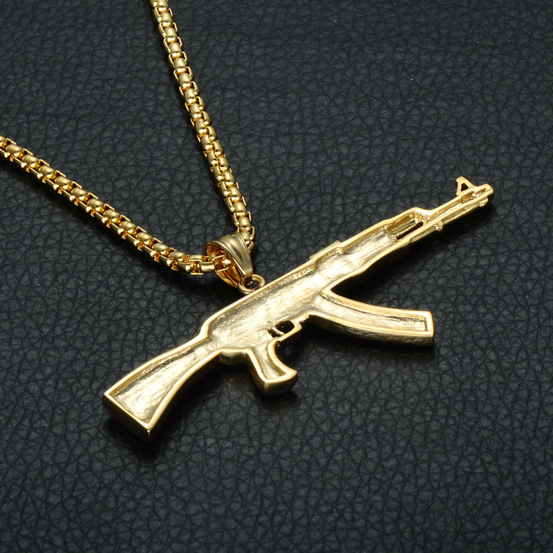 Flooded Ice AK47 Chopper Gun 14k Gold Stainless Steel Pendant Chain Necklace