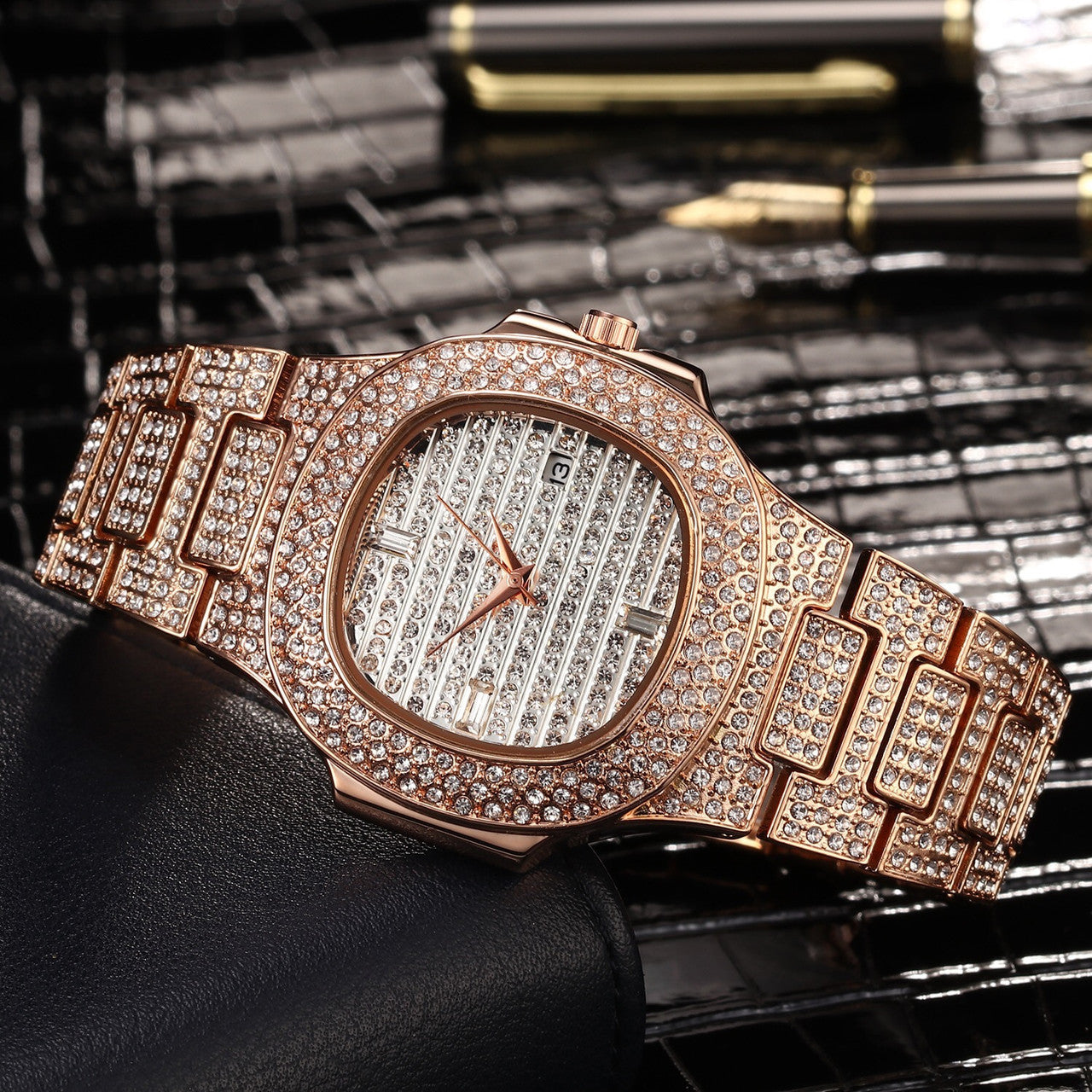 Famous Flooded Ice Diamond Simulate Stainless Steel Timepiece 18k Gold Silver Rose Gold Bling Watch