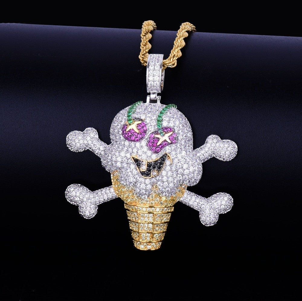 Micro Pave AAA Micro Pave 18k Gold Silver Pirate Skeleton Skull Ice Cream Pendant Chain Necklace