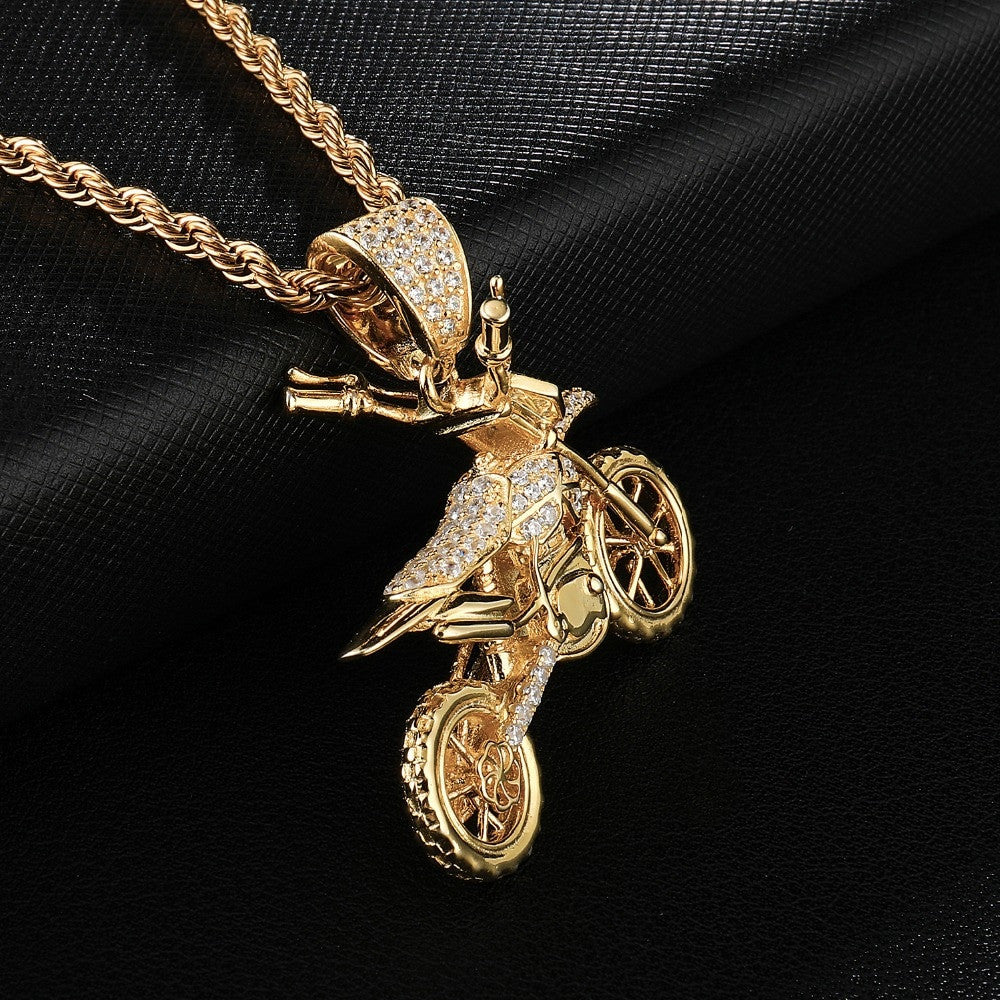 Hip Hop AAA Micro Pave Biker Boy Motorcycle 14k Gold 925 Silver Iced Bling Pendant Chain Necklace