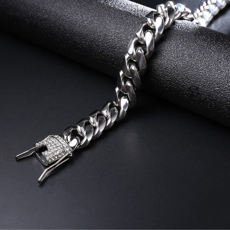 14mm Hip Hop Men&#39;s Iced Clasp Stainless Steel Miami Cuban Link Bracelet