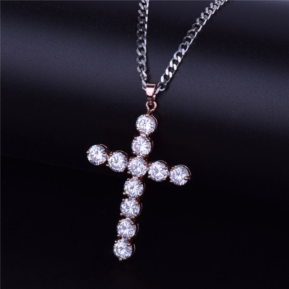 Luxe Stone |  24k .925 Silver Rose Gold Handset 5A Ice Stone Cross Pendant