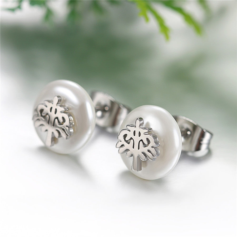 Ladies Simulated Pearl Heart Cross Life Tree Infinity Stud Stainless Steel Earrings