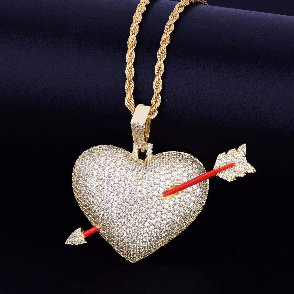 18k Gold Iced Out Arrow Heart Pendant Chain Neckalce