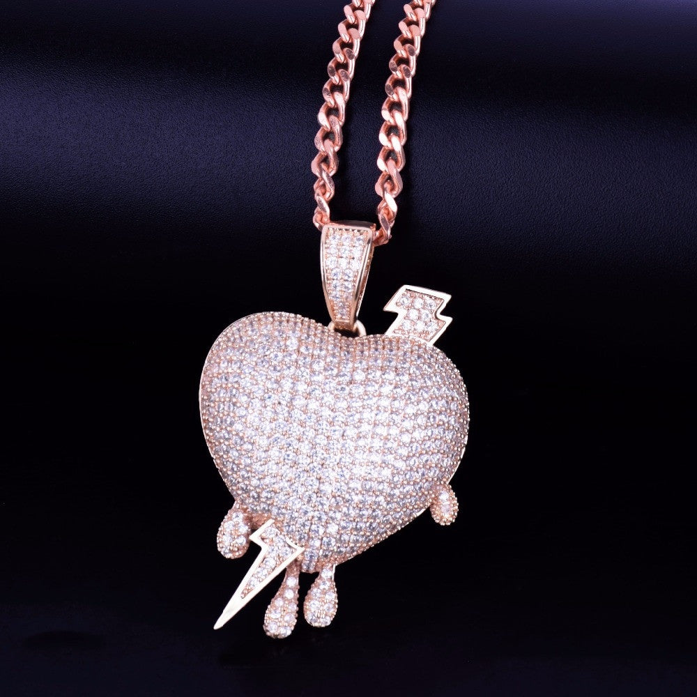 Silver 18k Rose Gold Drip Drop AAA Micro Pave Hip Hop Lightning Heart Pendant Chain Necklace