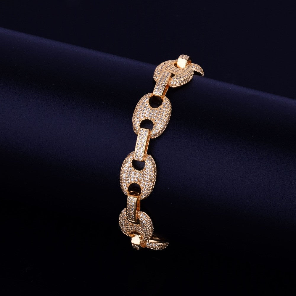 Mens Iced Out 12MM 24k Gold 925 Silver G Link Hip Hop Bracelet