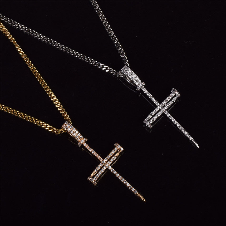 22k Gold .925 Silver Jesus Nails AAA Micro Pave Cross Pendant Chain Necklace