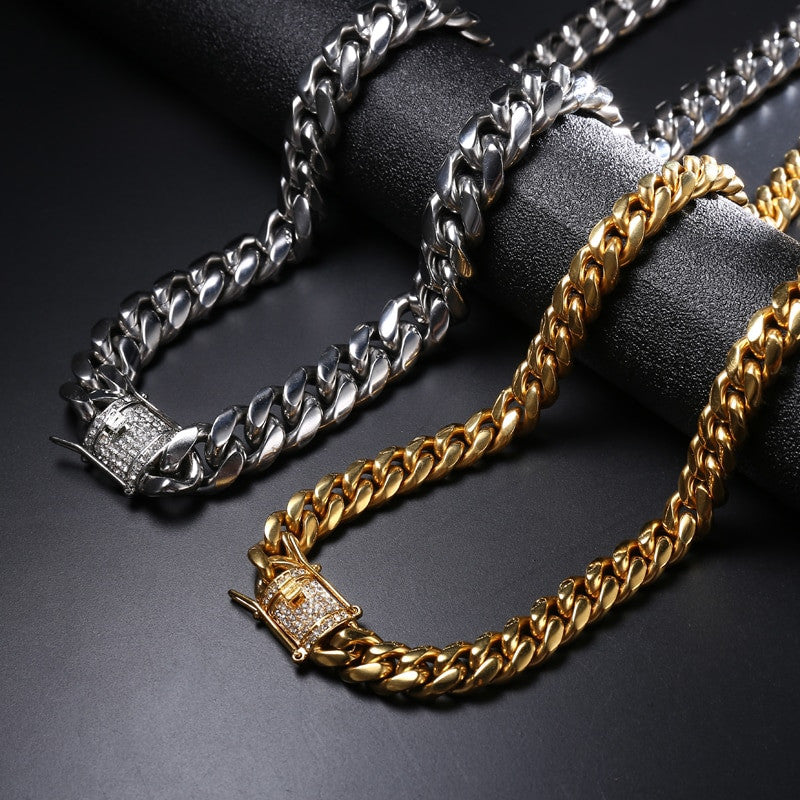 Hip Hop Mens Iced Clasp 316L Stainless Steel Cuban Link Bling Bling Chain Necklaces