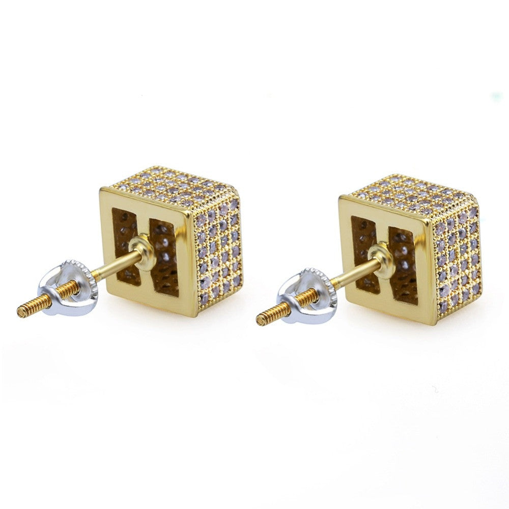 14k Gold Silver Flooded Ice AAA Micro Pave 8mm Square Stud Hip Hop Earrings