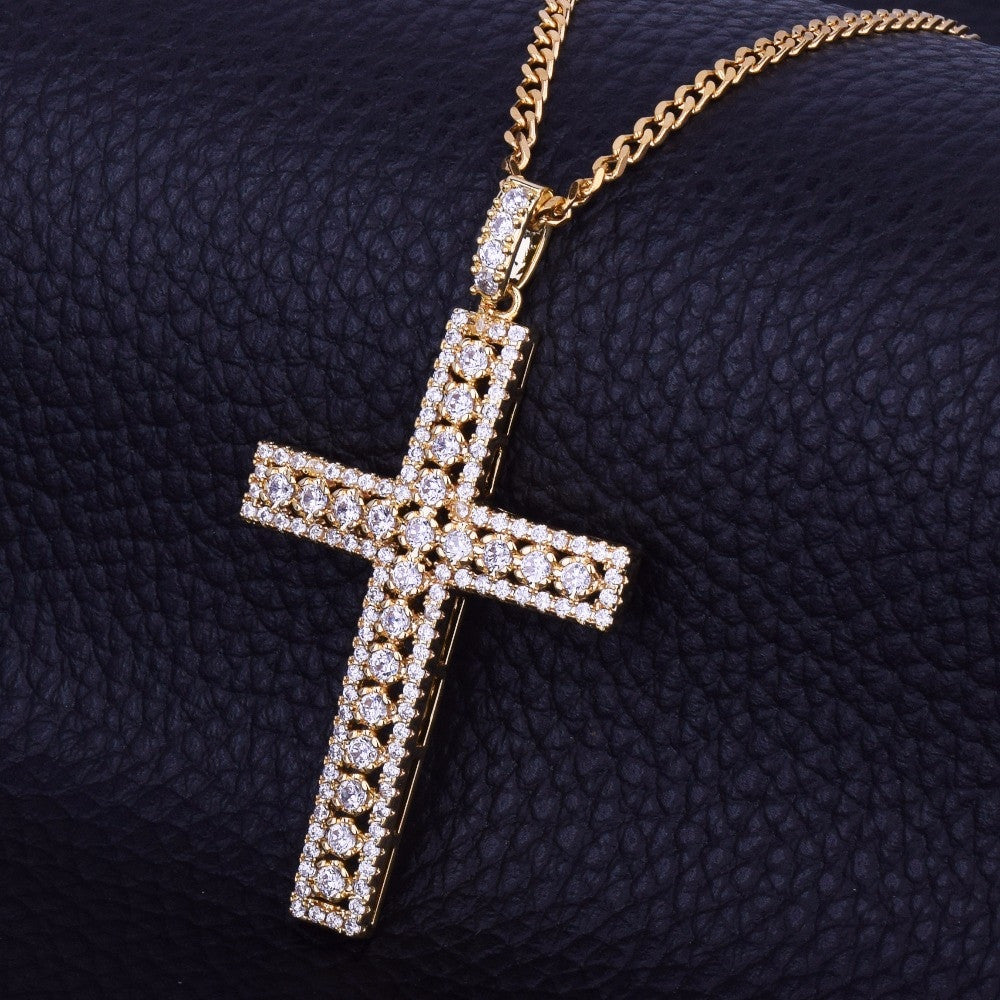 Mens 18k Gold .925 Silver Ultra Ice Silver Hip Hop AAA Micro Pave Cross Pendant Chain Necklace