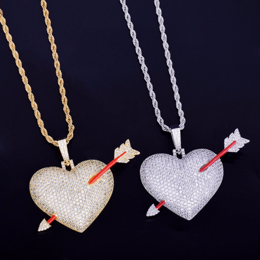.925 Silver 18k Rose Gold Arrow Through Heart Flooded Ice Pendant Chain Necklace