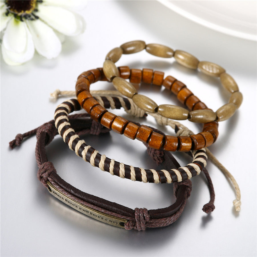 Street Wear Fashion Wooden Beaded Black Brown Leather Bracelets