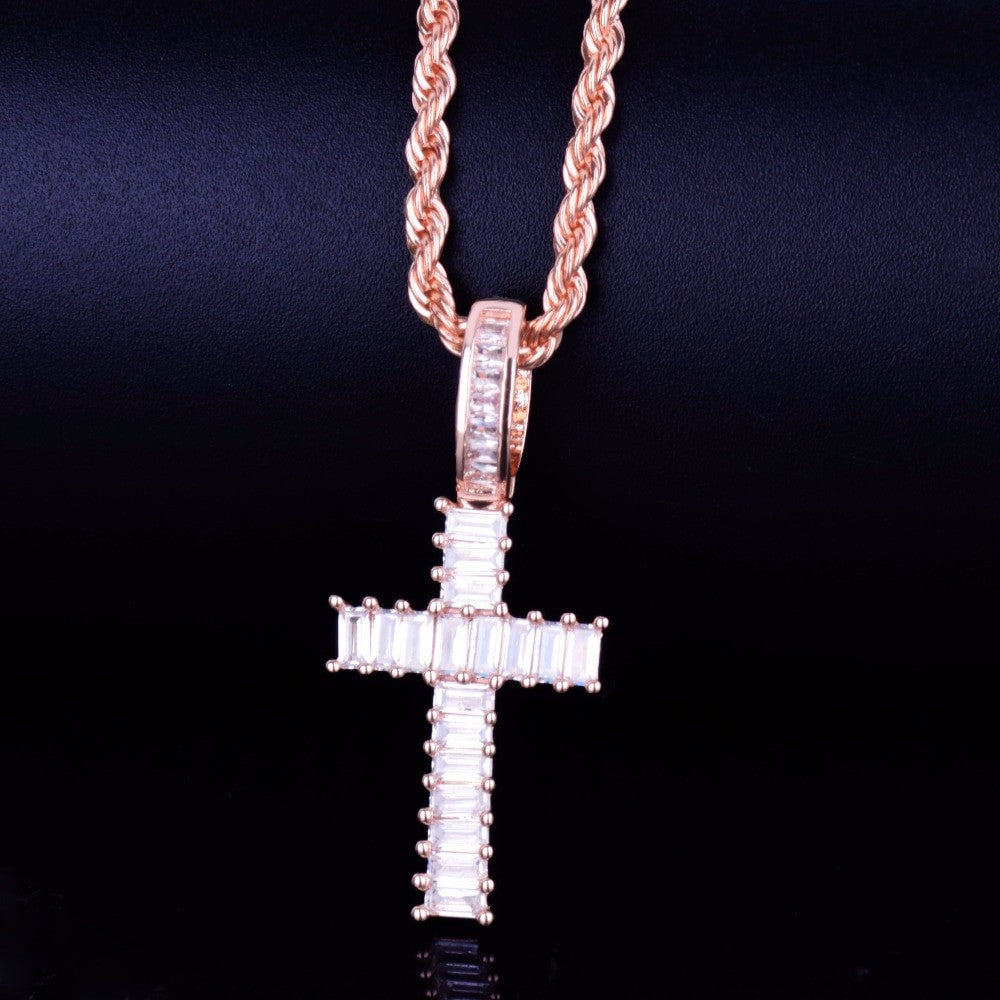Mini Baguette 18k Gold .925 Silver Rose Gold AAA Micro Pave Cross Pendant Chain Necklace