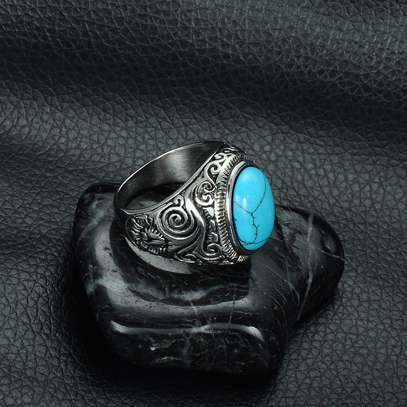 Mens Unique Turquoise Heavy Metal Casting Titanium Stainless Steel Ring