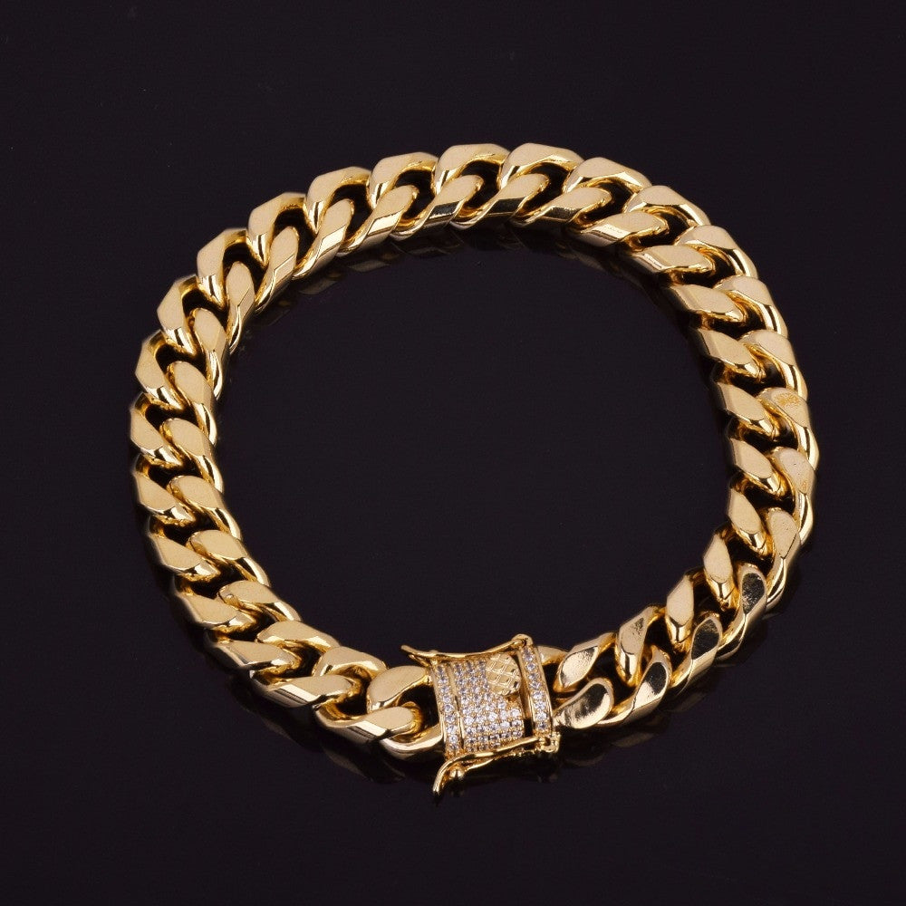 Mens Iced 11mm 24k Gold 925 Silver Hip Hop Miami Cuban Link Bracelet