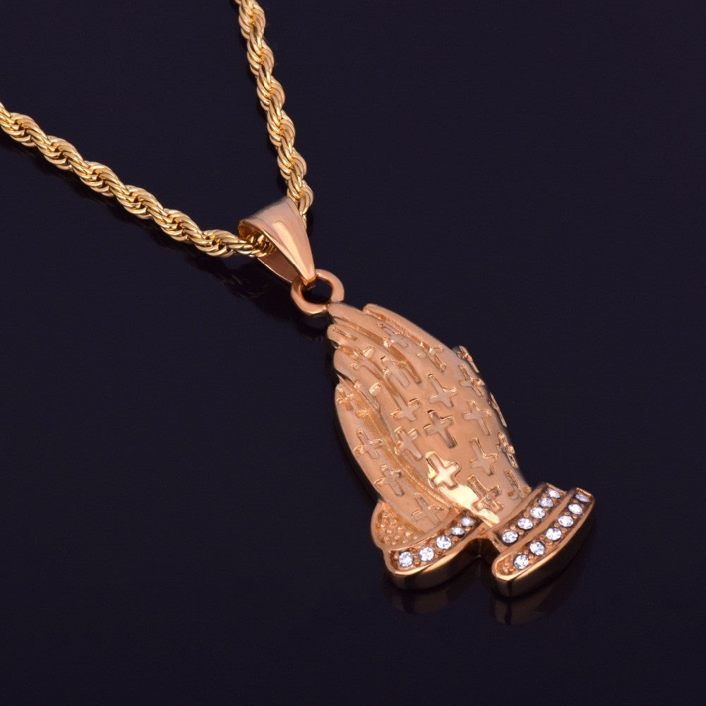 Golden Grace | 24k Gold Over Stainless Steel Cross Covered Prayer Hands Pendant