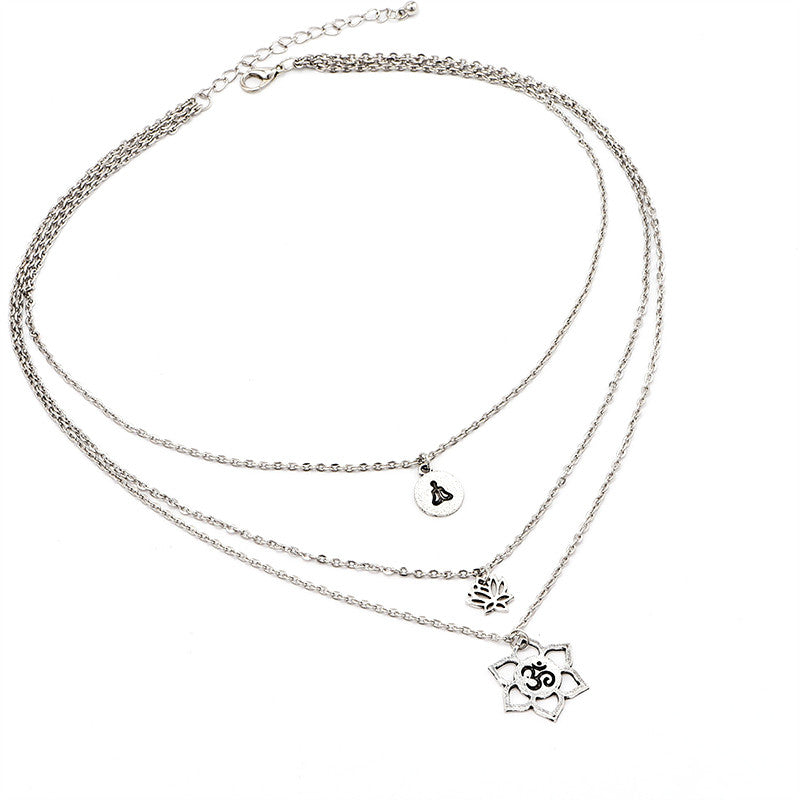 3 Piece Set Boho Buddha Lotus Yoga OM Symbol Fashion Necklace Silver Set