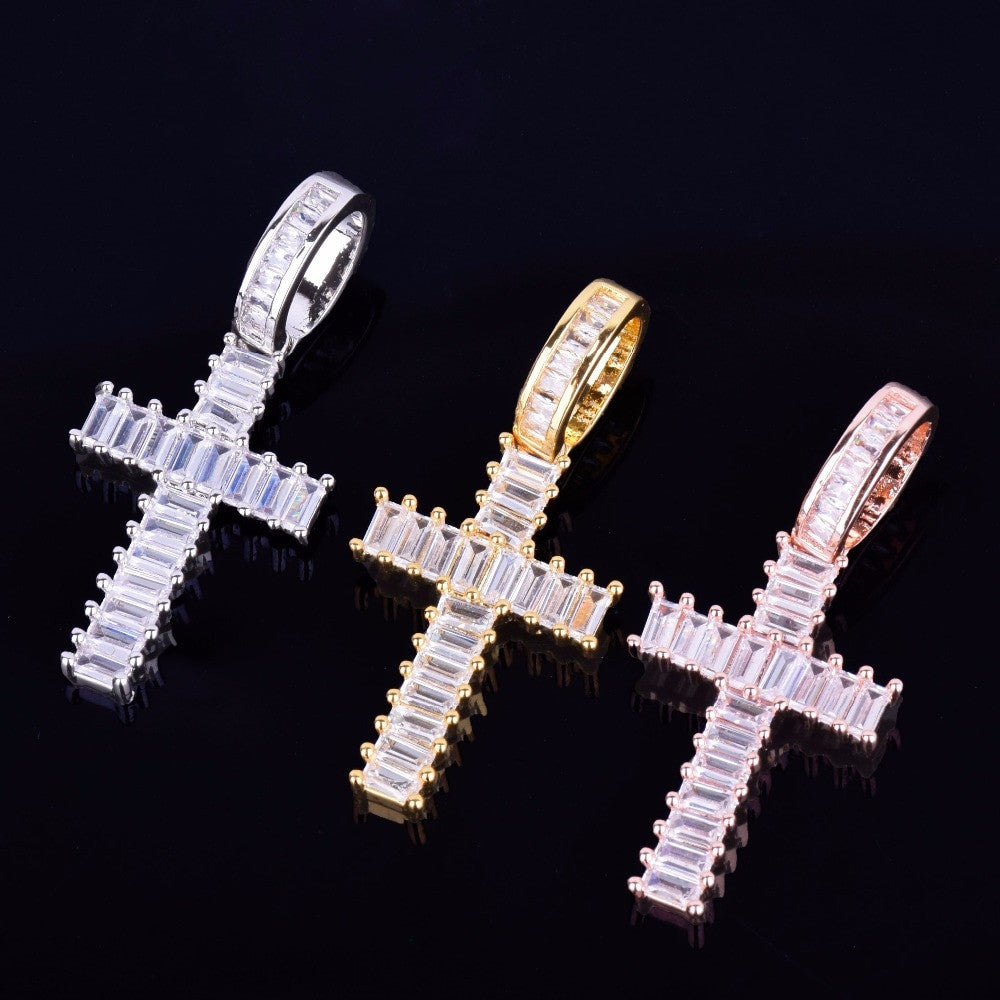 Mini Baguette 18k Gold .925 Silver Rose Gold AAA Micro Pave Cross Pendant Chain Necklace