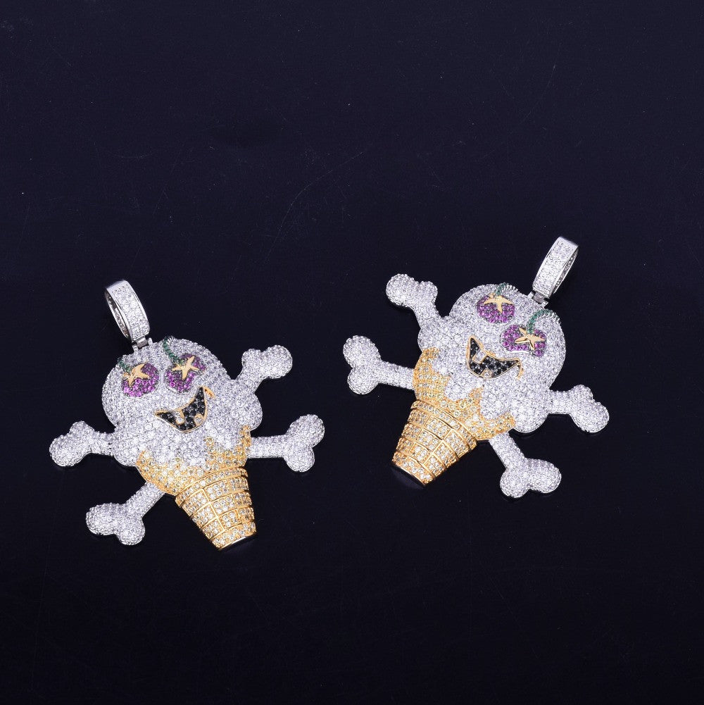 Micro Pave AAA Micro Pave 18k Gold Silver Pirate Skeleton Skull Ice Cream Pendant Chain Necklace