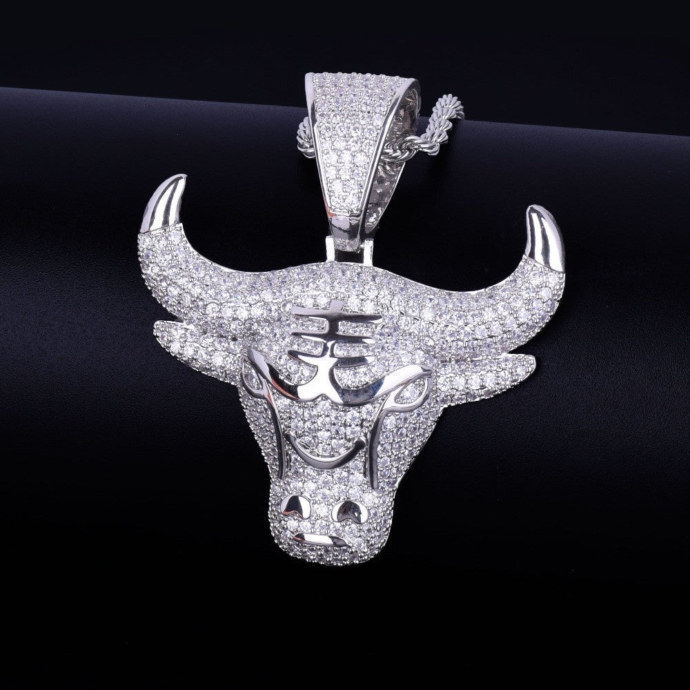 18k Gold .925 Silver Micro Paved AAA Stone Bull Head Tau Pendant Chain Necklace
