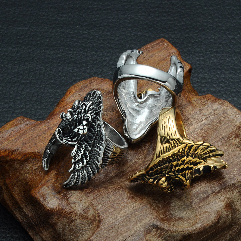 Mens Vintage Soaring Eagle Biker 14k Gold Silver Titanium Stainless Steel Ring