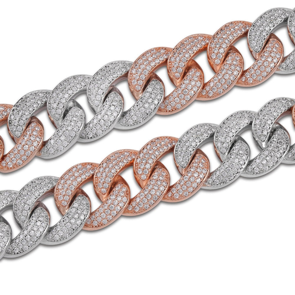 Miami Cuban Link 18MM AAA Micro Pave Hip Hop Silver Rose Gold Chain Necklace