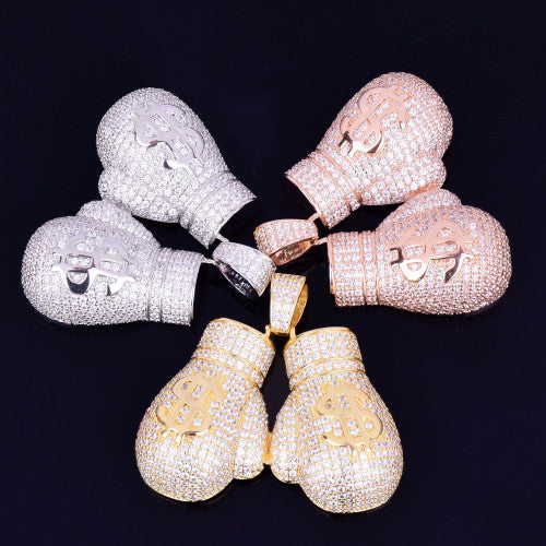 .925 Silver Rose Gold Hip Hop 18k Micro Pave AAA True Micro Pave Money Boxing Gloves Pendant