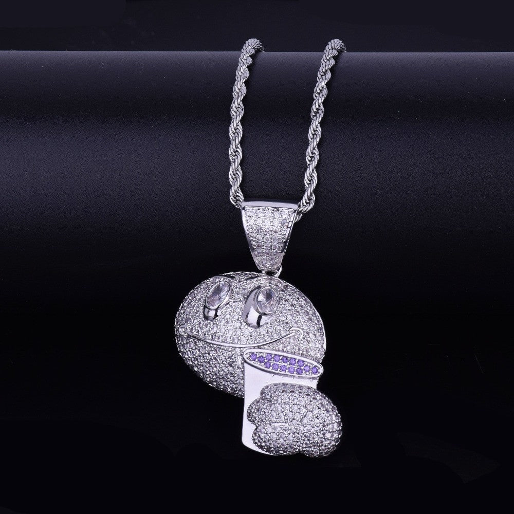 18k Gold .925 Silver Drunk Lean Emoji Holding Purple Cup AAA Micro Pave Pendant Chain Necklace