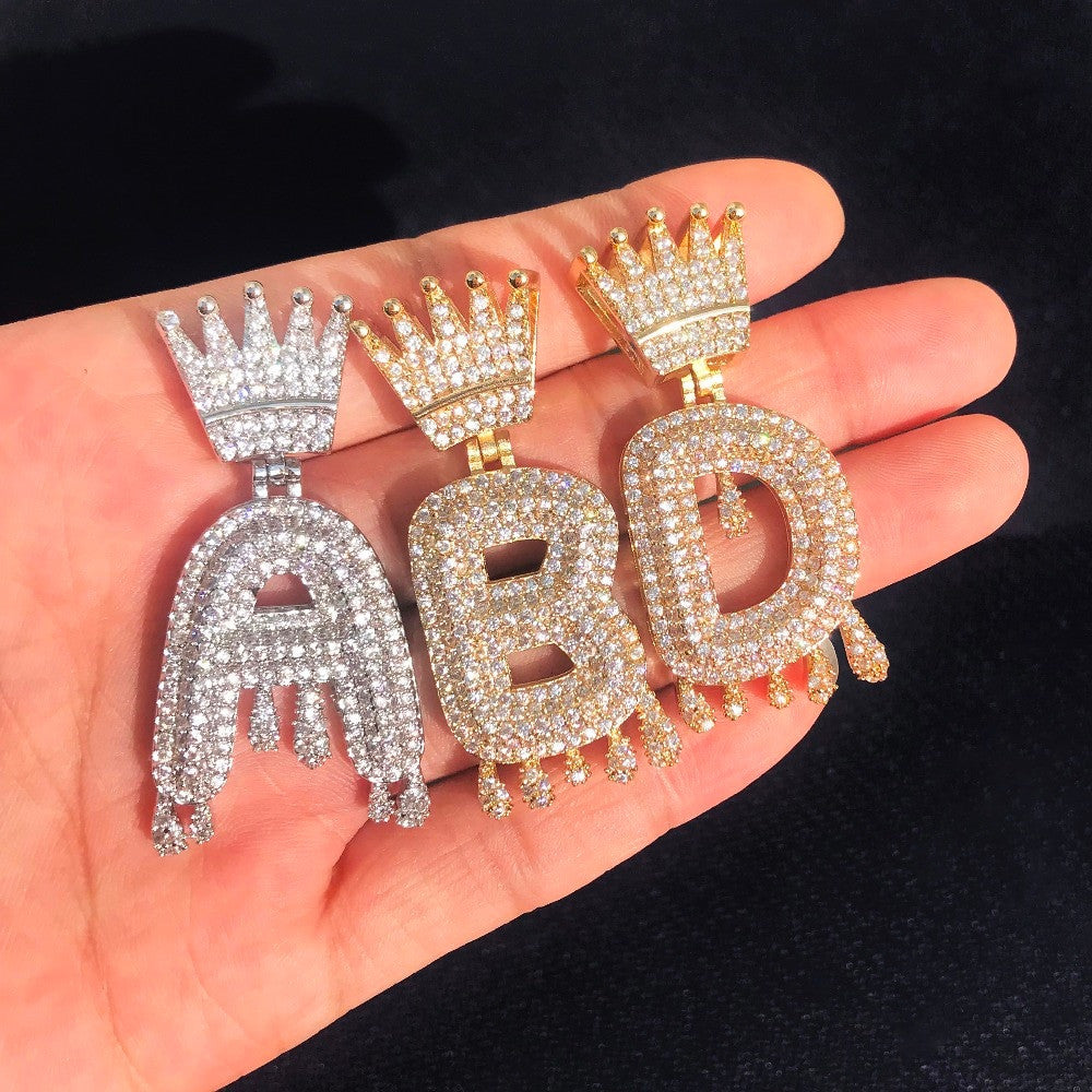 Micro Pave Custom Crown Bail Drip Initials Bubble Letters Pendant Chain Necklace