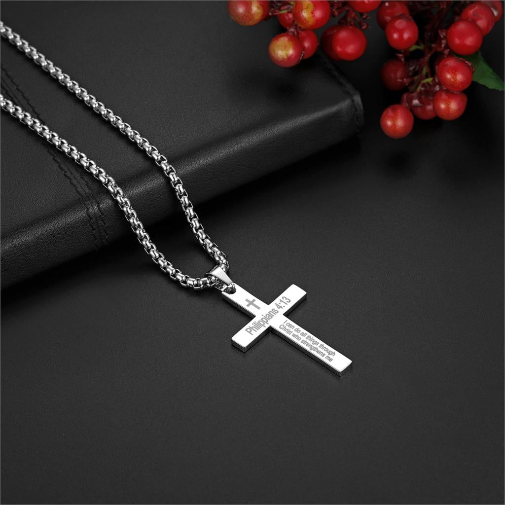 Mens Philippians 4 :13 I Can Do all Things Stainless Steel Cross Pendant