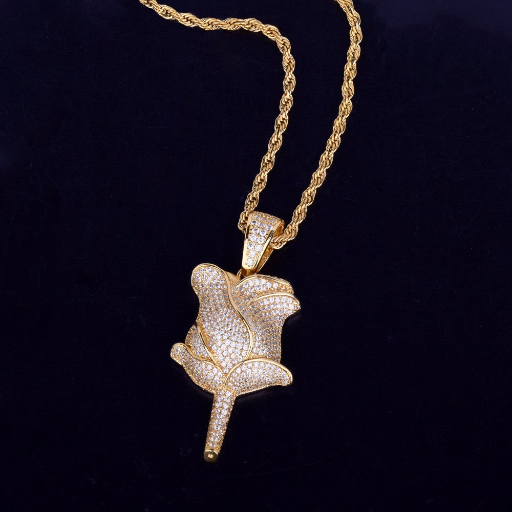 VVS Diamond CZ Micro Pave 18K Gold .925 Silver Rose Flower Petal Flooded Ice Pendant