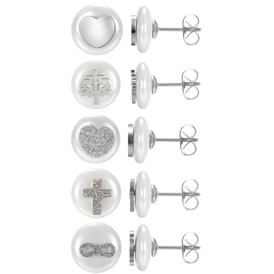 Ladies Simulated Pearl Heart Cross Life Tree Infinity Stud Stainless Steel Earrings