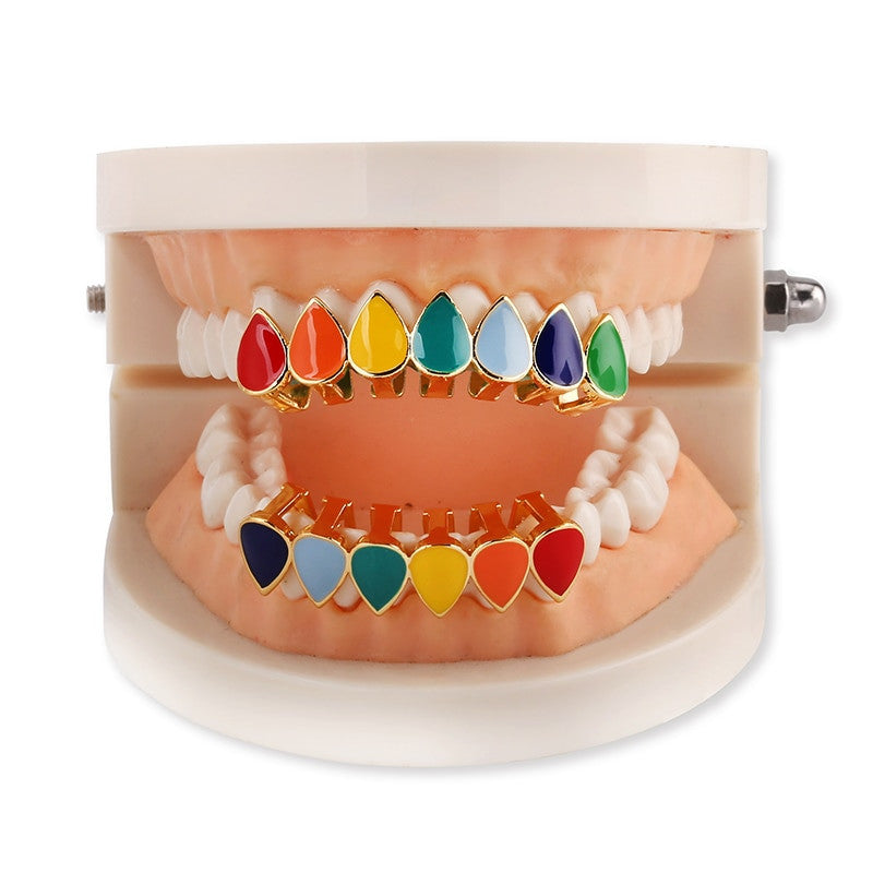 Hip Hop Rainbow Tear Drops 14k Gold .925 Silver  Grillz Top Bottom Teeth Grill Set