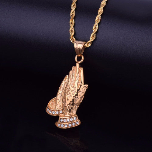 Golden Grace | 24k Gold Over Stainless Steel Cross Covered Prayer Hands Pendant