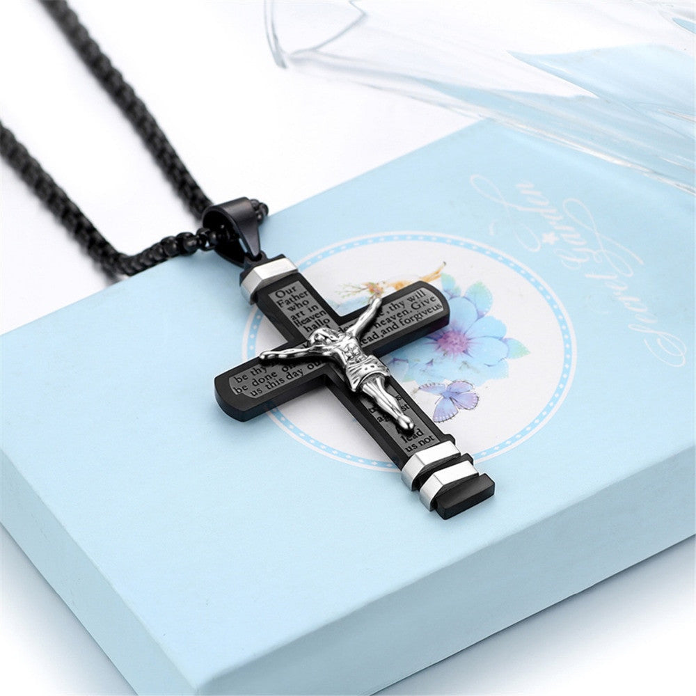 Mens Lords Prayer Layered No Fade Stainless Steel Jesus Crucifix Cross Pendant Chain