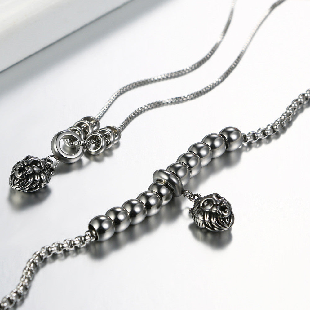 Lion Head Tribal Feathers Stainless Steel Charm Bracelet necklace Chain Sets