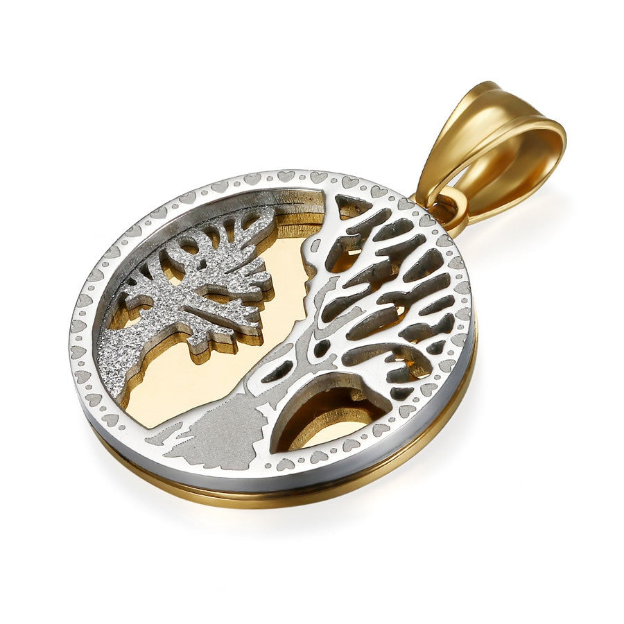 14k Gold over Stainless Steel Tree Of Life Cz Stone Bling Pendant Necklace