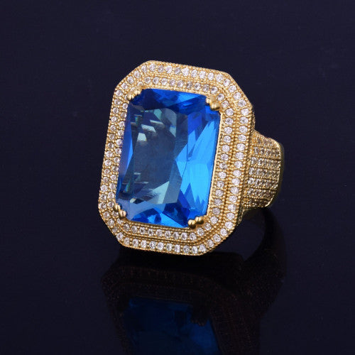 Aqua Blue Gold | Mens VVS Diamond CZ Iced Blinged Out Gemstone 4 Prong Set Rings