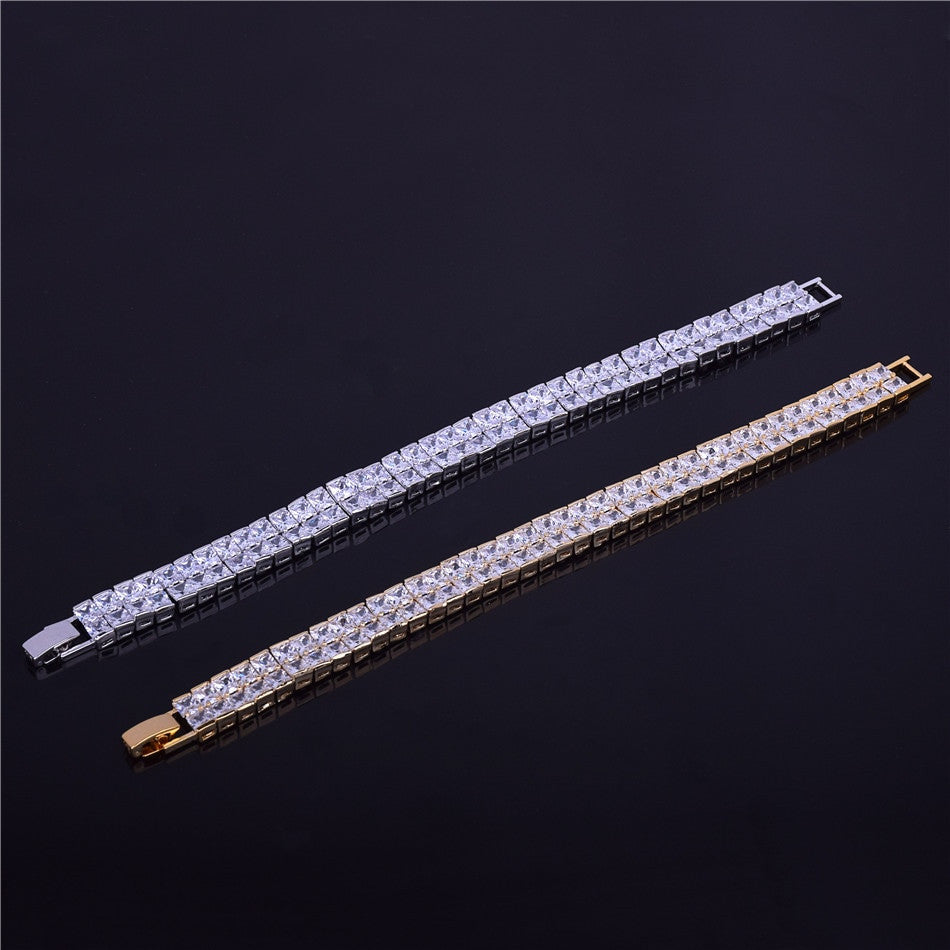 24k Gold Silver 10mm Iced 2 Row Flooded Ice Princess Cut Tennis Bracelet