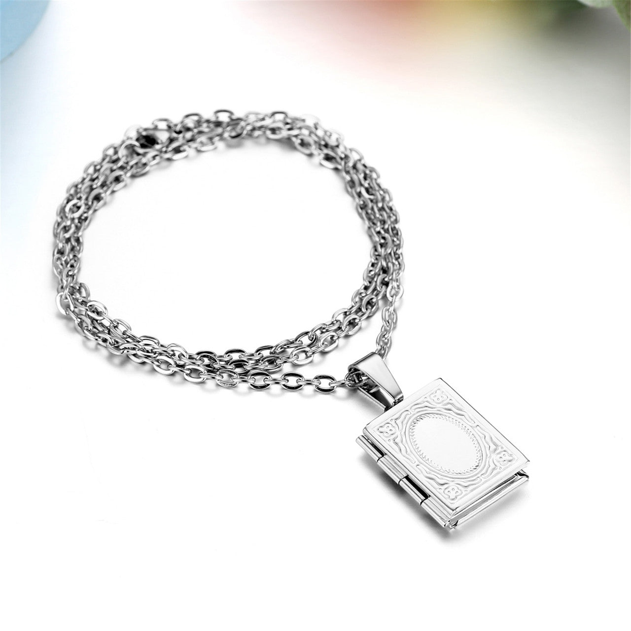 Square Open Book Frame No Fade Stainless Steel Photo Holder Casual Pendant Chain Necklace