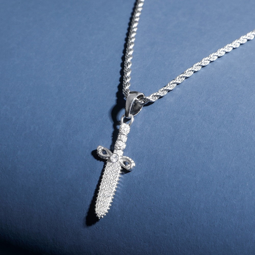 Solid .925 Sterling Silver Ancient Dagger Cross Bling Pendant Chain Necklace