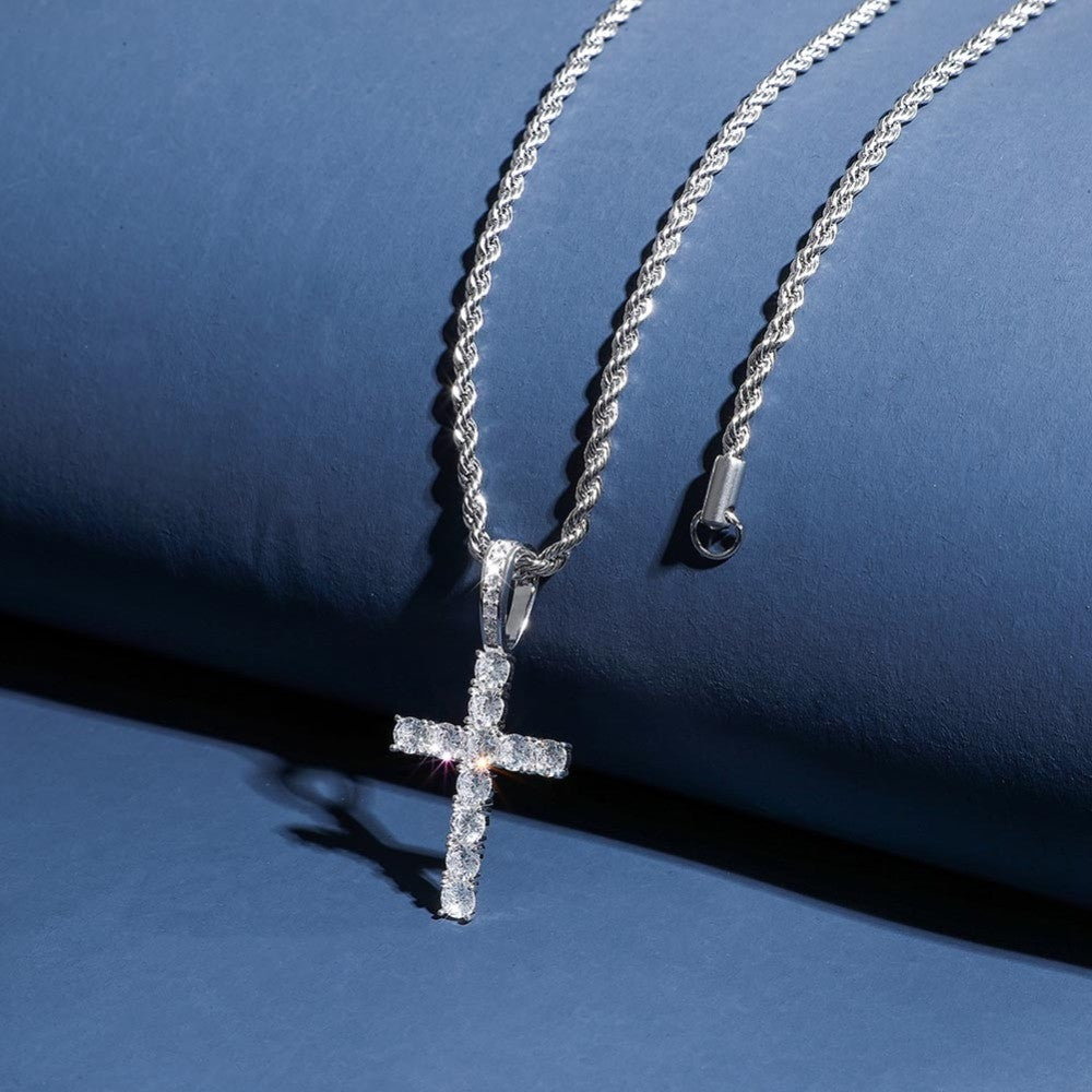 AAA Micro .925 Solid Sterling Silver Ultra Ice Bling Cross Pendant Chain Necklace