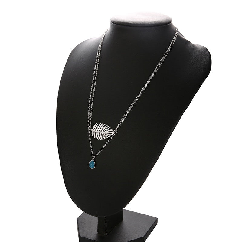 Boho Silver Leaf Water Drop Gem Multi Layer Chain Necklace Silver Set