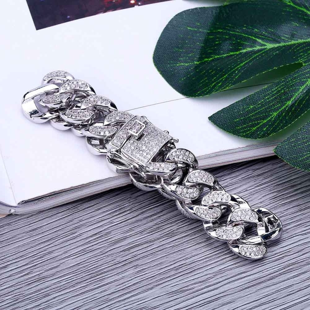 Hip Hop 14mm AAA True Micro Pave Flooded Ice Gold Silver Cuban Link Bracelet