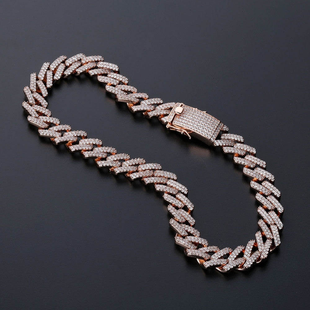 Micro Pave Flooded Ice 14mm Miami Cuban Link Rose Gold Silver Hip Hop Chain Necklace