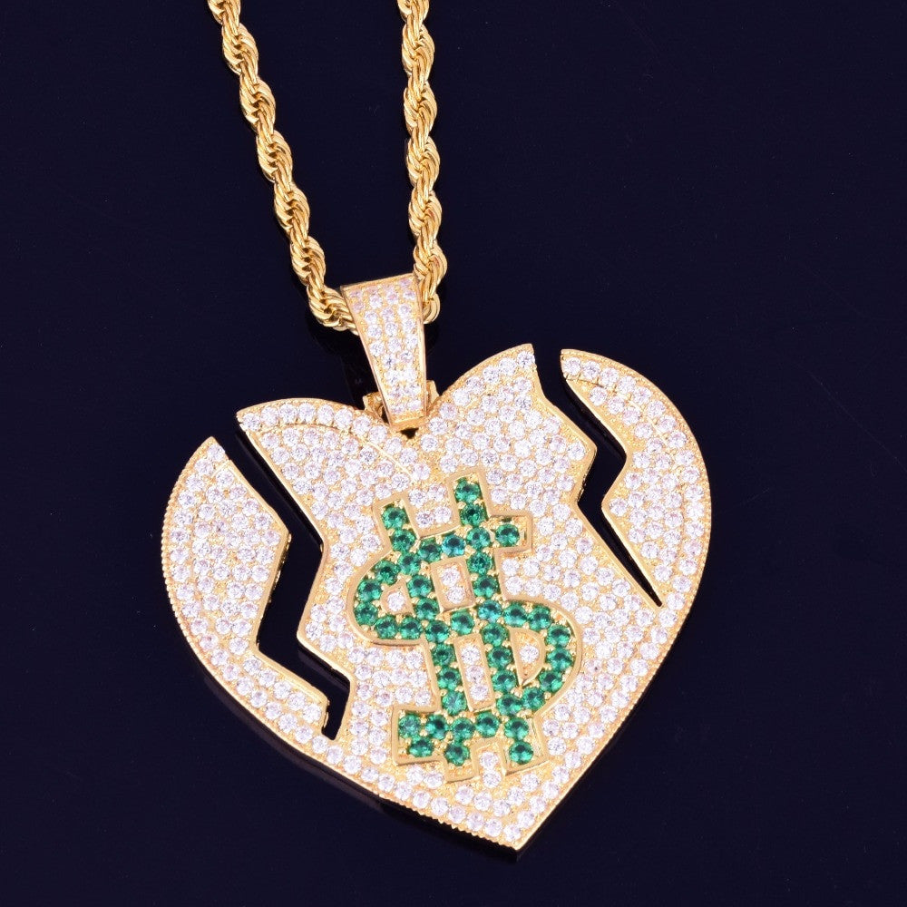 Money Heals Broken Heart 18k Gold .925 Silver Bling AAA True Micro Pave Pendant Chain Necklace